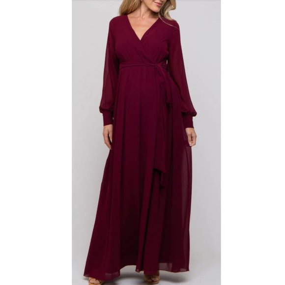 Burgundy Long Formal Chiffon Maternity Wrap Dress, NWOT - Picture 2 of 4